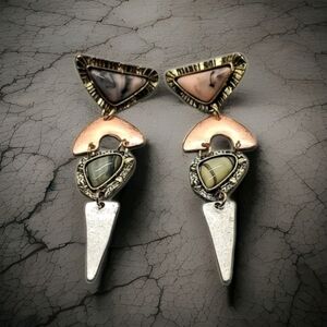 Artisan Abstract Natural Multi Stone Mixed Metal Dangle Earrings